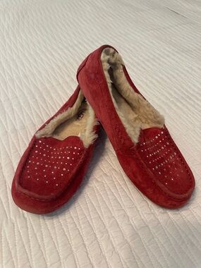 UGG Red Suede Faux-Fur Lined Women's Moccasin Slippers with Stud Accents